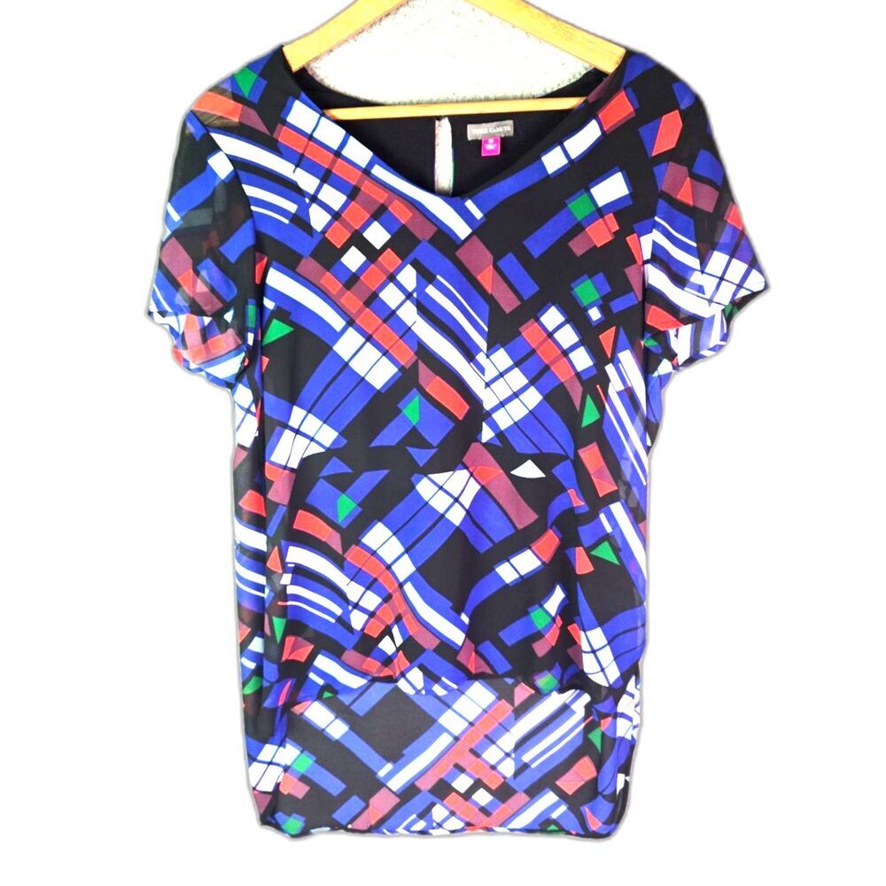 Vince Camuto Tunic Blouse M Multicolor Geometric High Low Flutter Sleeve